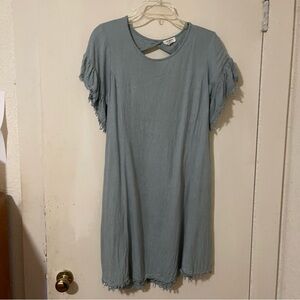 Umgee USA Grey Linen Blend Tunic Dress with Frayed Hem and Cutout Back Size S